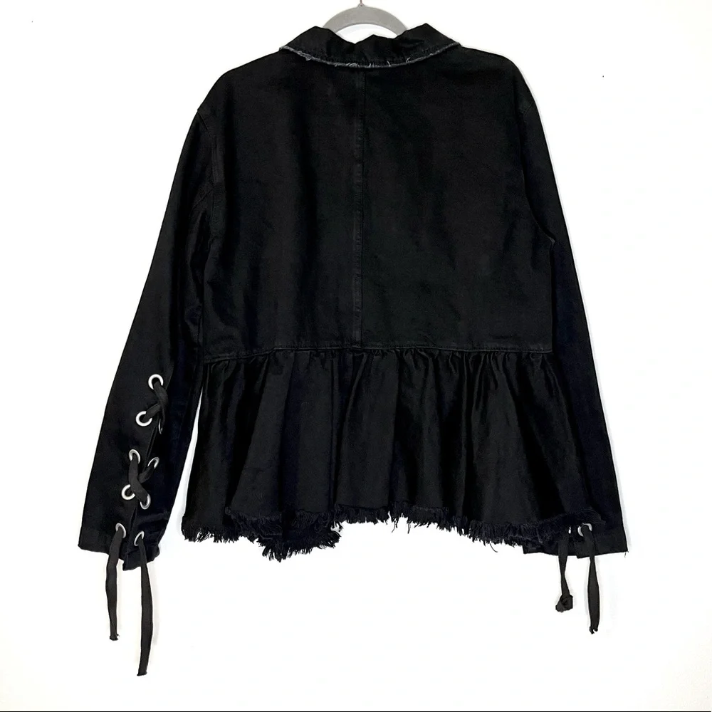 Free People Black Raw-Edge Denim Jacket with Side Tie Details NWT - Picture 14 of 16
